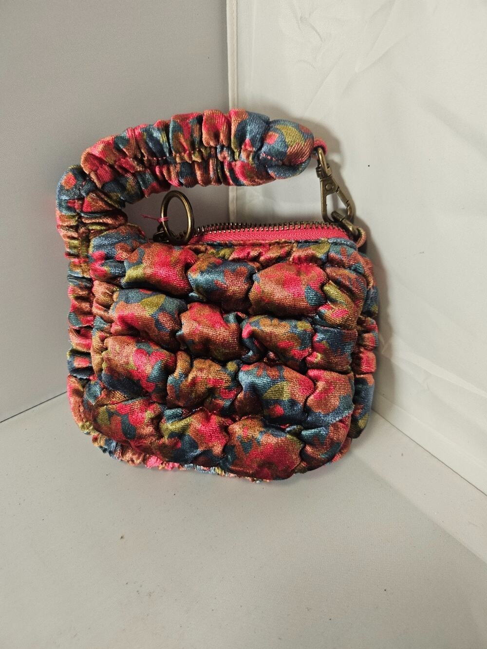 Natural Life Puffy Mini Clip On Pouch Teal/Pink Velvet Floral NWT